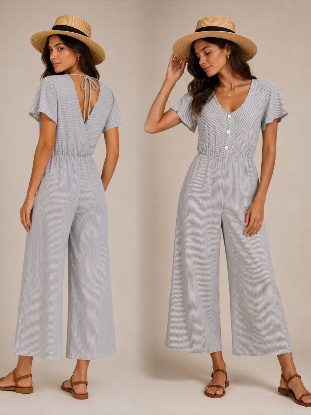 Caution To The Wind Light Gray Striped V-Neck Wide-Leg Jumpsuit